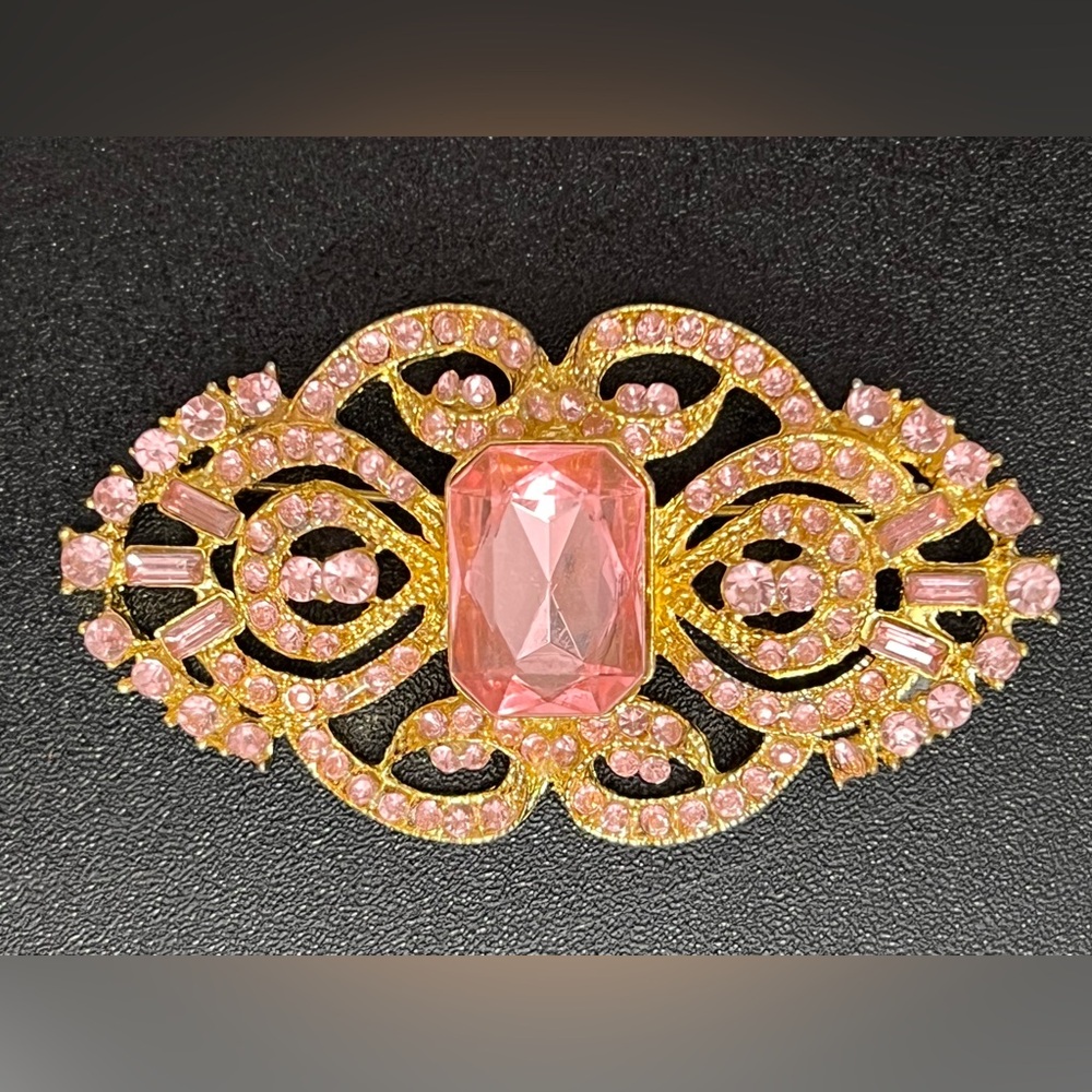 Pink Rhinestones Gold Toned Vintage Inspired  Oval Brooch